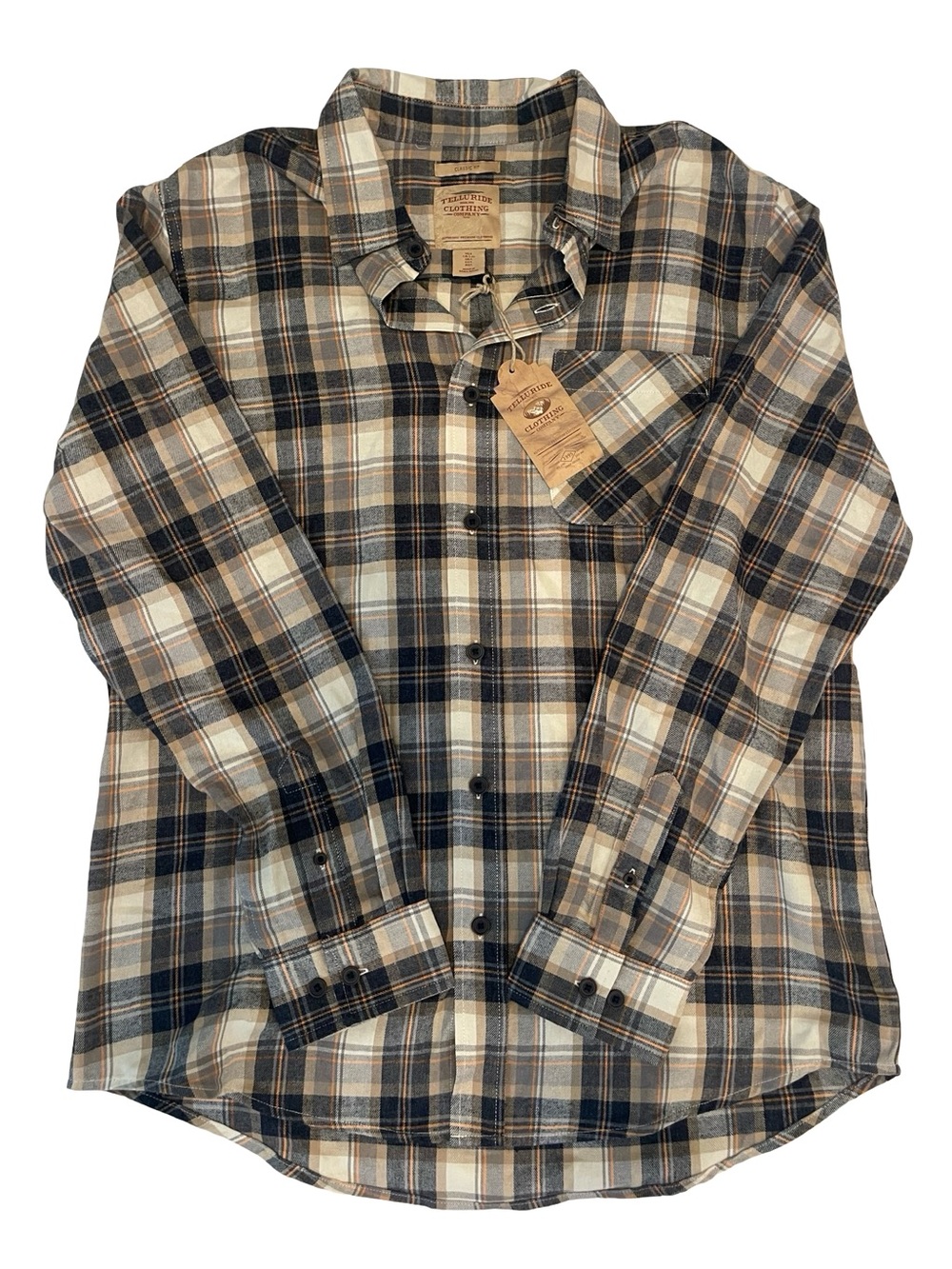Men's Long-Sleeve Plaid Button-Down Shirt in Navy and Beige